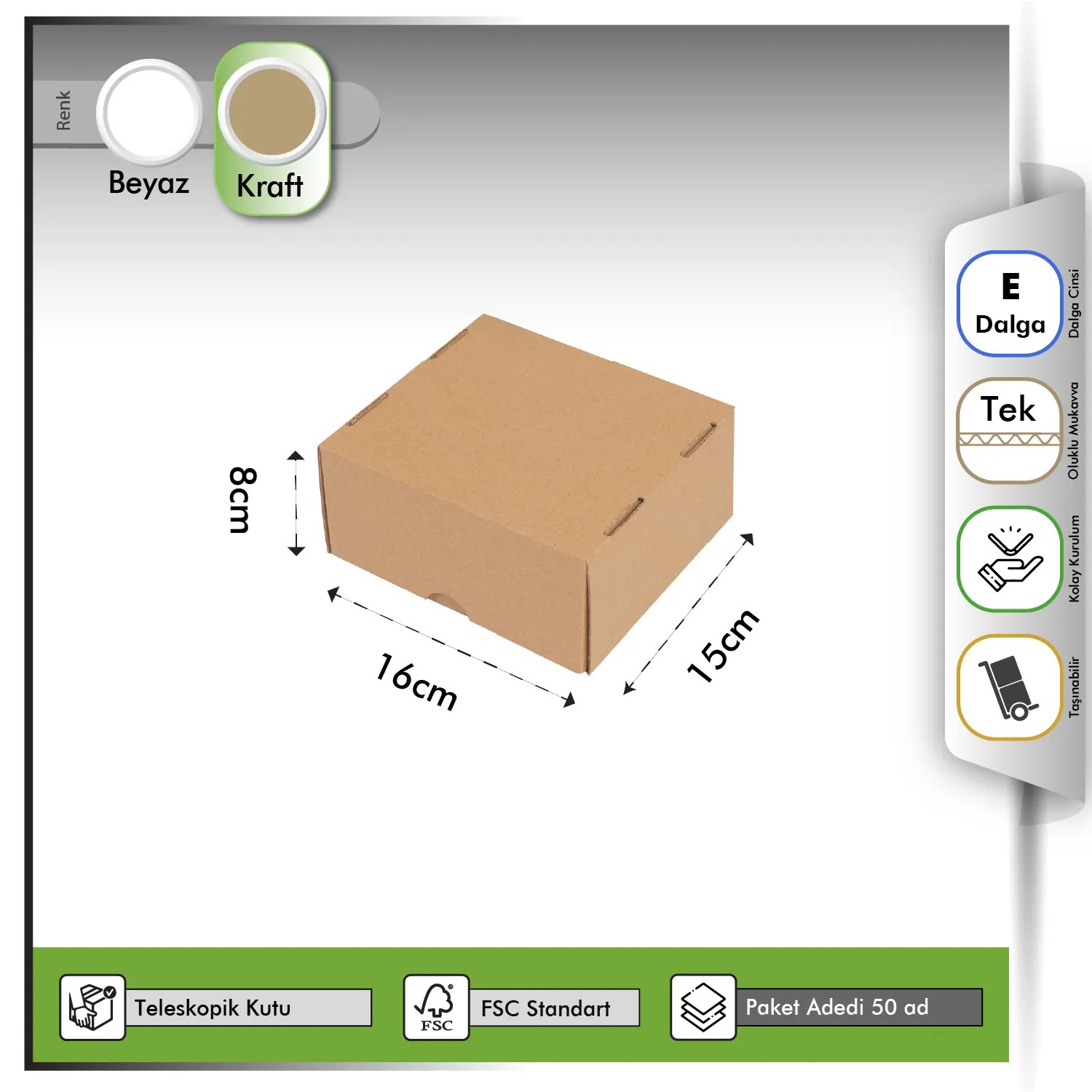 E-ticaret Kutusu Gövde+Kapak Kraft 16x15x8 cm