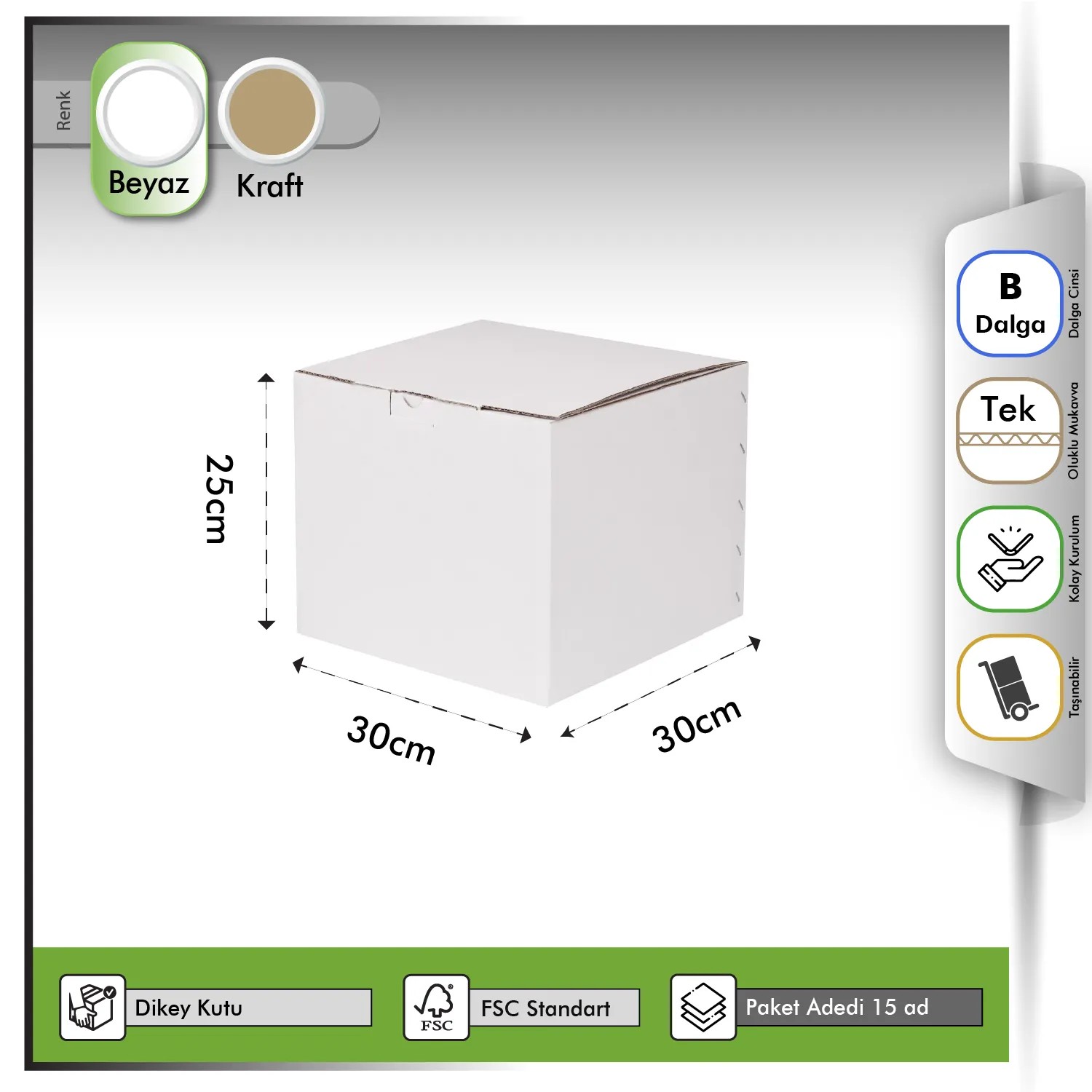 E-ticaret Kutusu Dikey Beyaz 30x30x25 cm