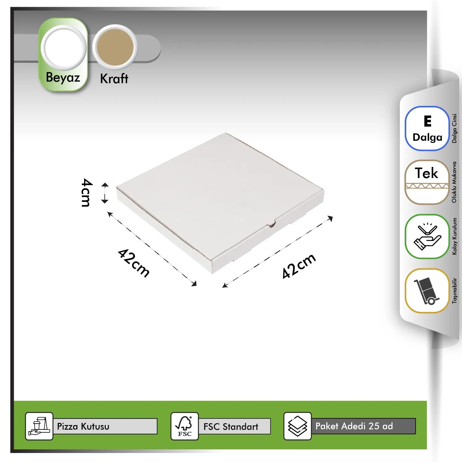 Pizza Kutusu Beyaz 42x42x4 cm