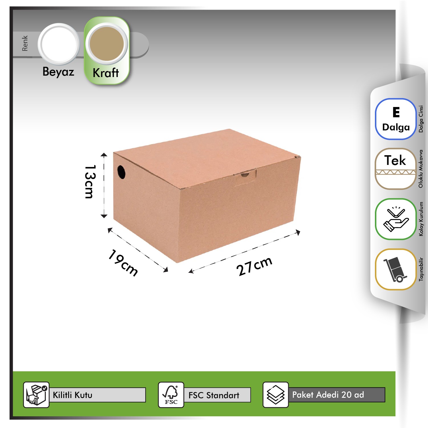 27x19x13 cm Kraft E-ticaret Kutusu Delikli