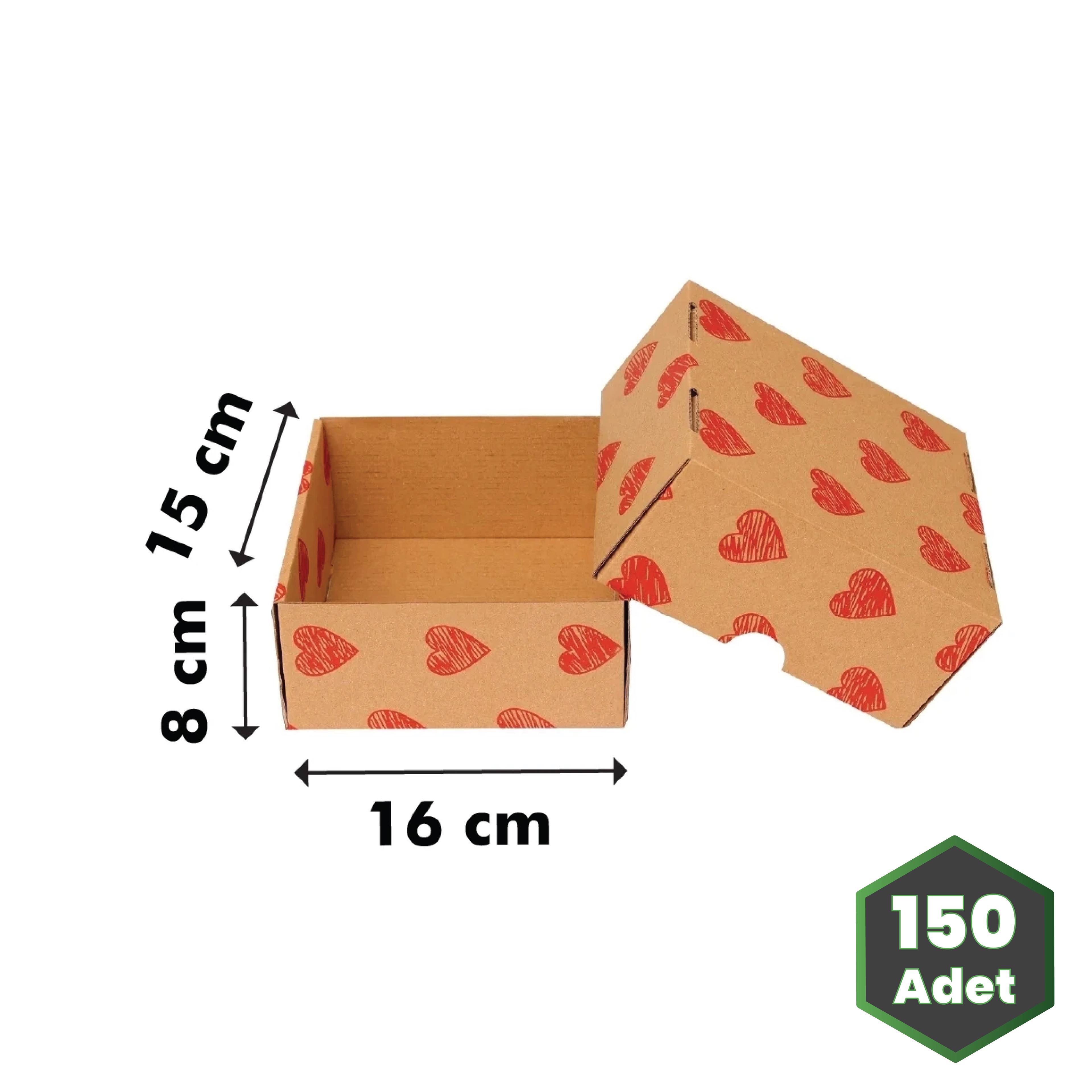 Hediye Kutusu Kırmızı Kalp Baskılı Gövde+Kapak Kraft 16x15x8 cm