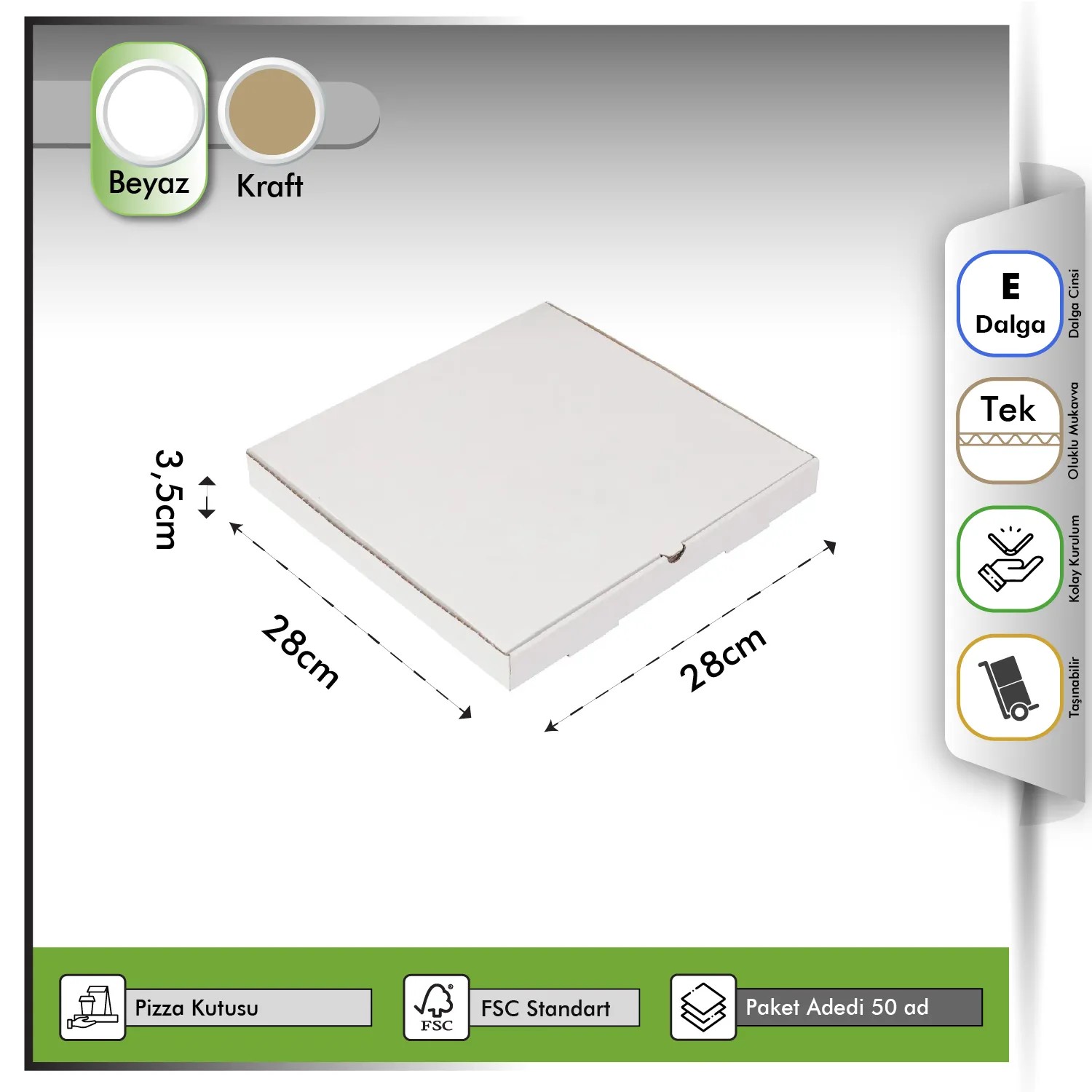 28x28x3,5 cm Beyaz Pizza Kutusu