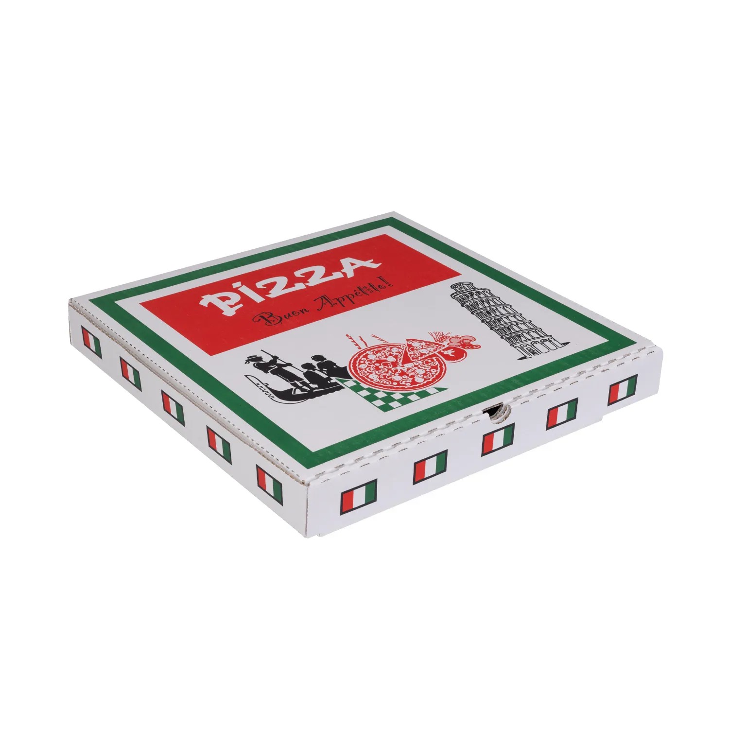 Pizza Kutusu Yazılı-Kule-İtalyan Bayrak Baskılı Beyaz 33x33x4 cm
