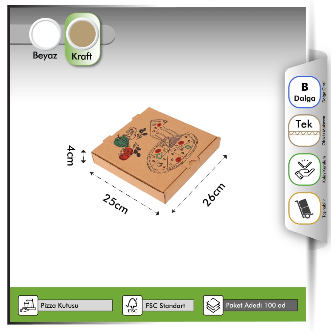 Baskılı Orta Boy Pizza Kutusu Kraft 26x25x4 cm | Renkli Baskı