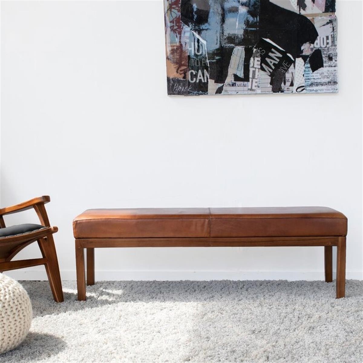 Doğal Ahşap Gerçek Deri Bench