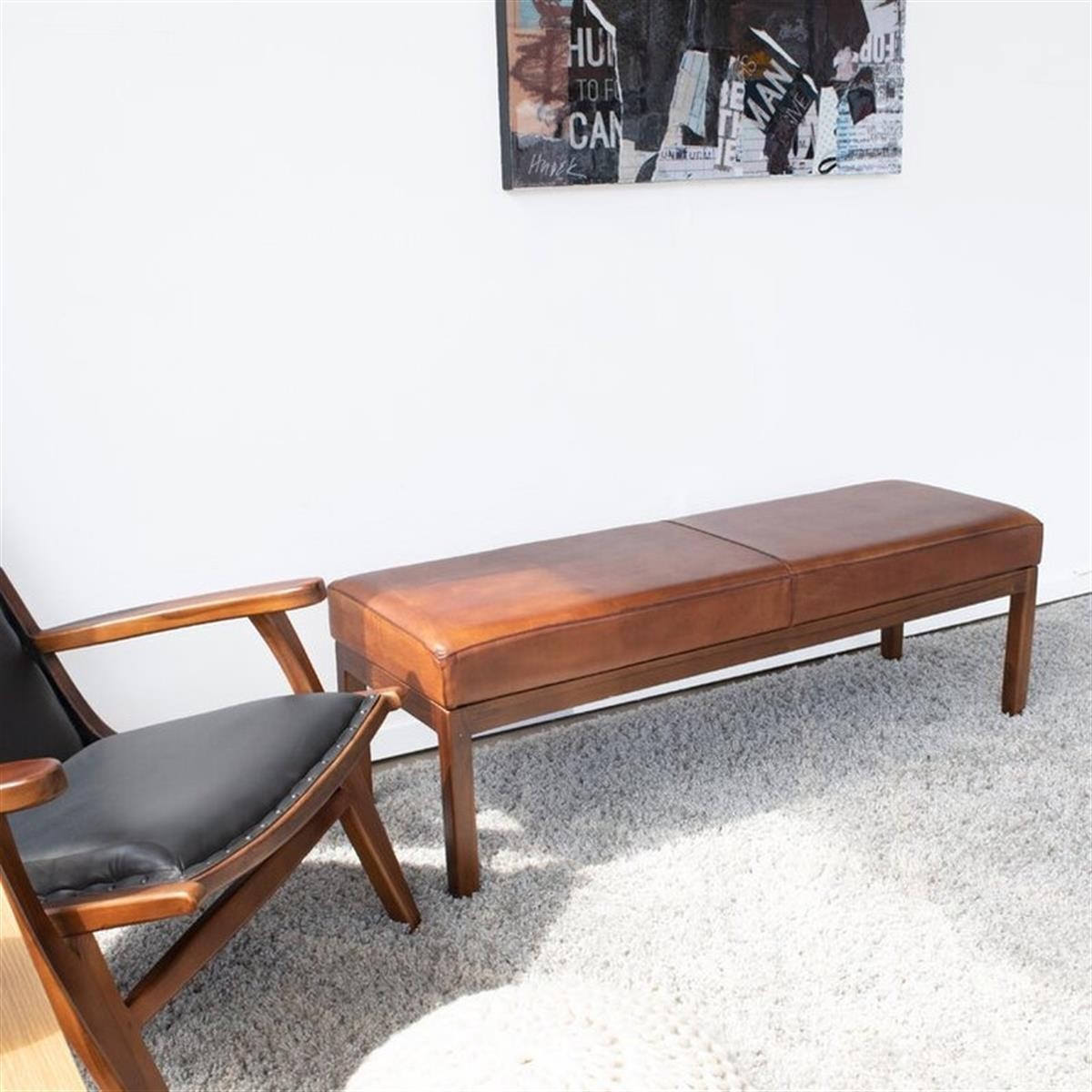 Doğal Ahşap Gerçek Deri Bench
