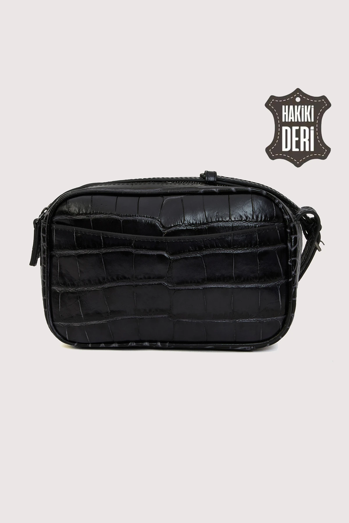 Hakiki Deri Kadın Çapraz Omuz Çantası SMR8975 - Siyah Kroko