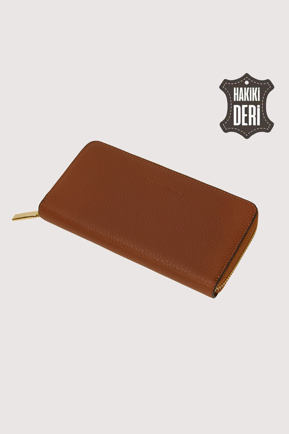 Hakiki Deri Kadın Büyük Boy Fermuarlı Cüzdan SMR5108 - Simore - Taba