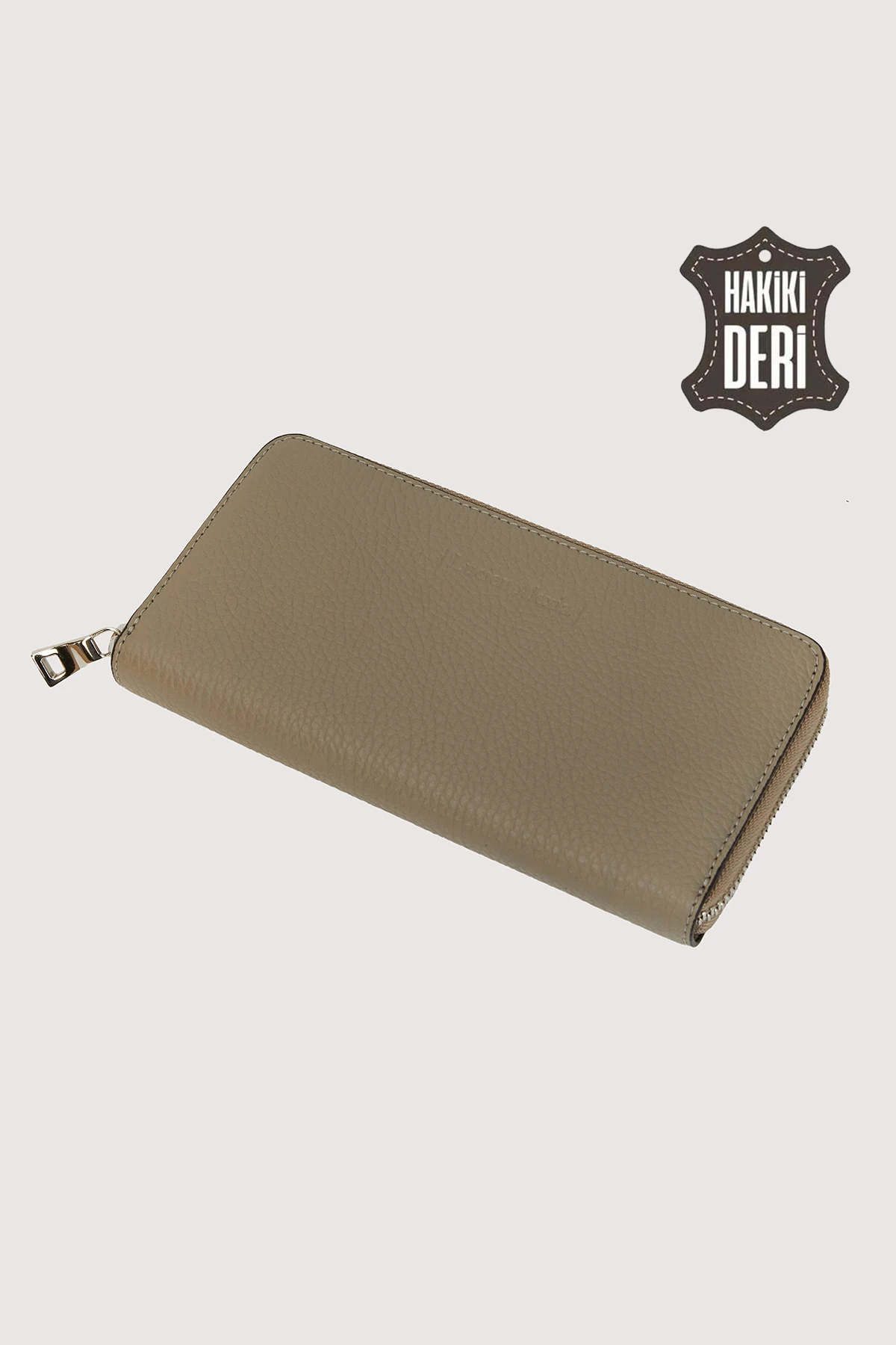 Hakiki Deri Kadın Büyük Boy Fermuarlı Cüzdan SMR5108 - Simore - Vizon