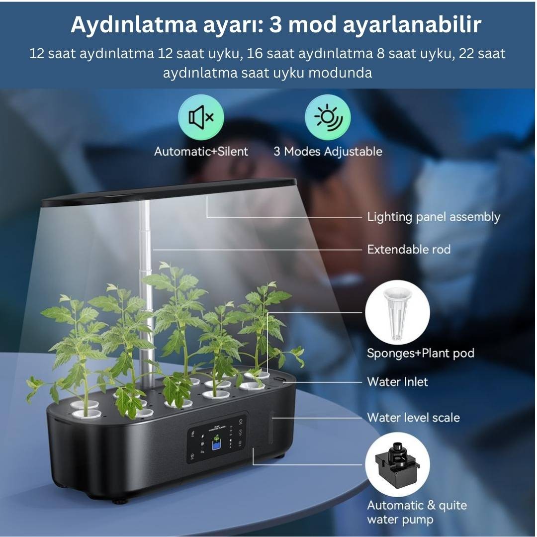 İç Mekan Ledli Hidroponik Hobi Seti Siyah Renk