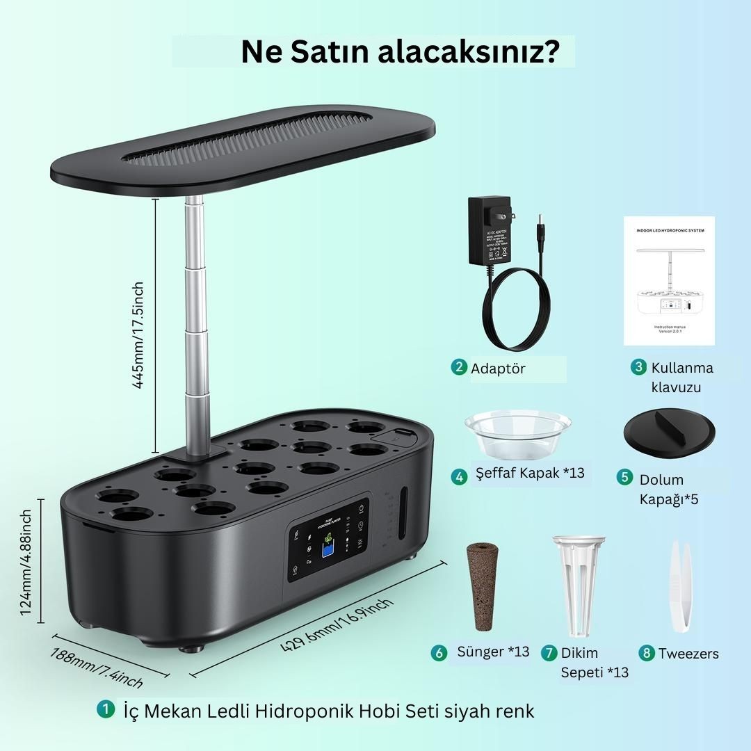 İç Mekan Ledli Hidroponik Hobi Seti Siyah Renk