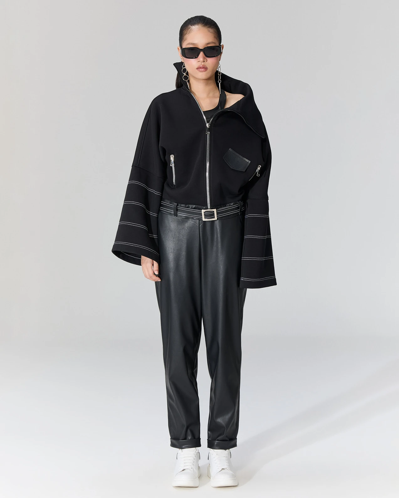 Duble Paçalı Deri Pantolon - Siyah