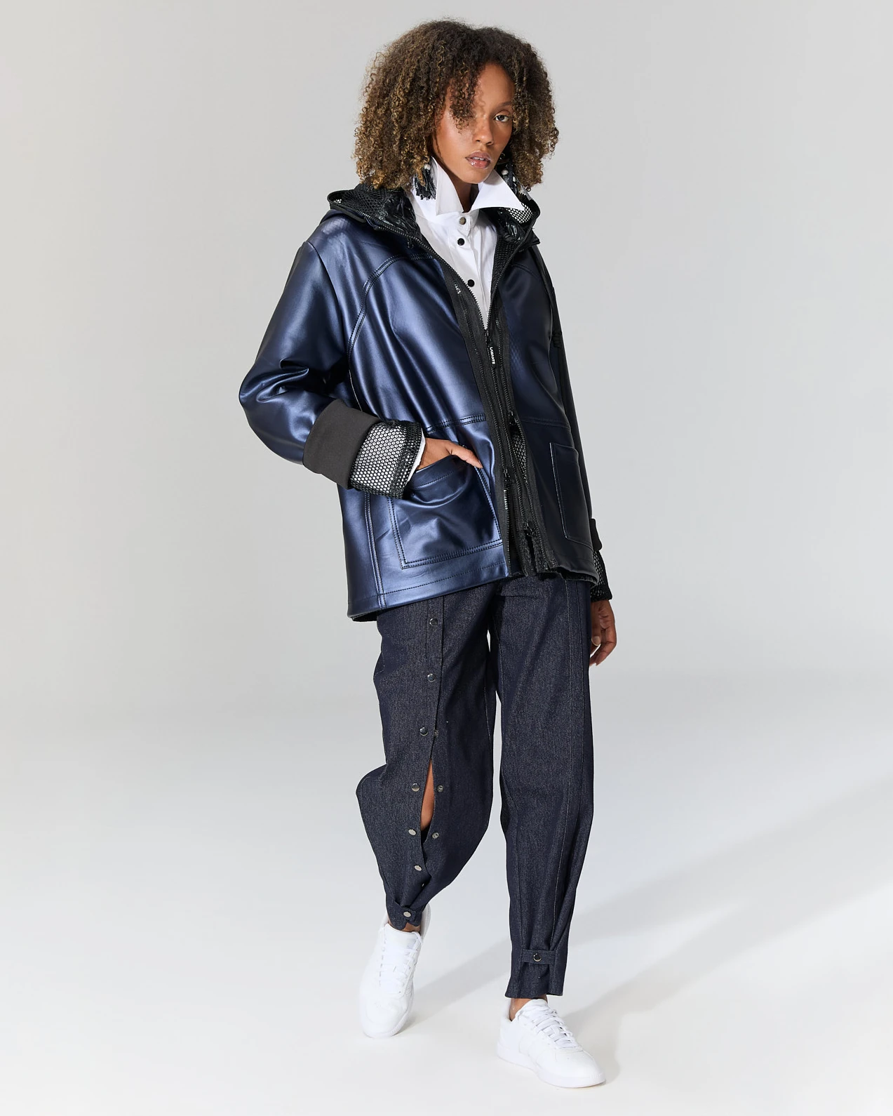 File Detaylı Deri Ceket - Mavi