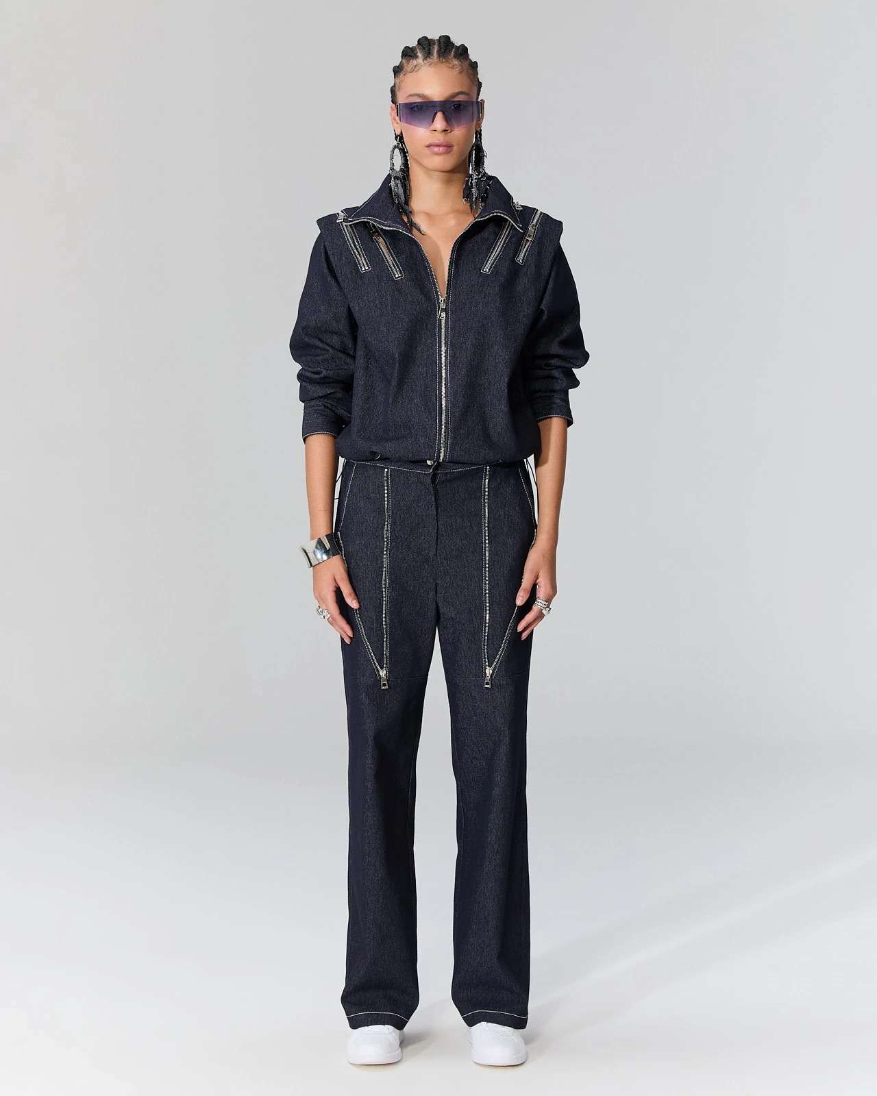 Çift Fermuarlı Denim Ceket - Mavi