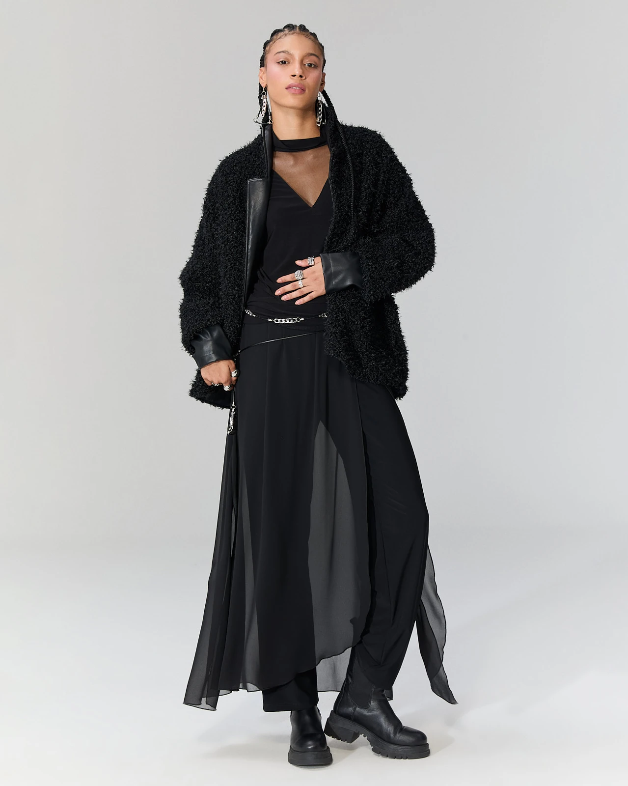 Deri Detaylı Peluş Ceket - Siyah