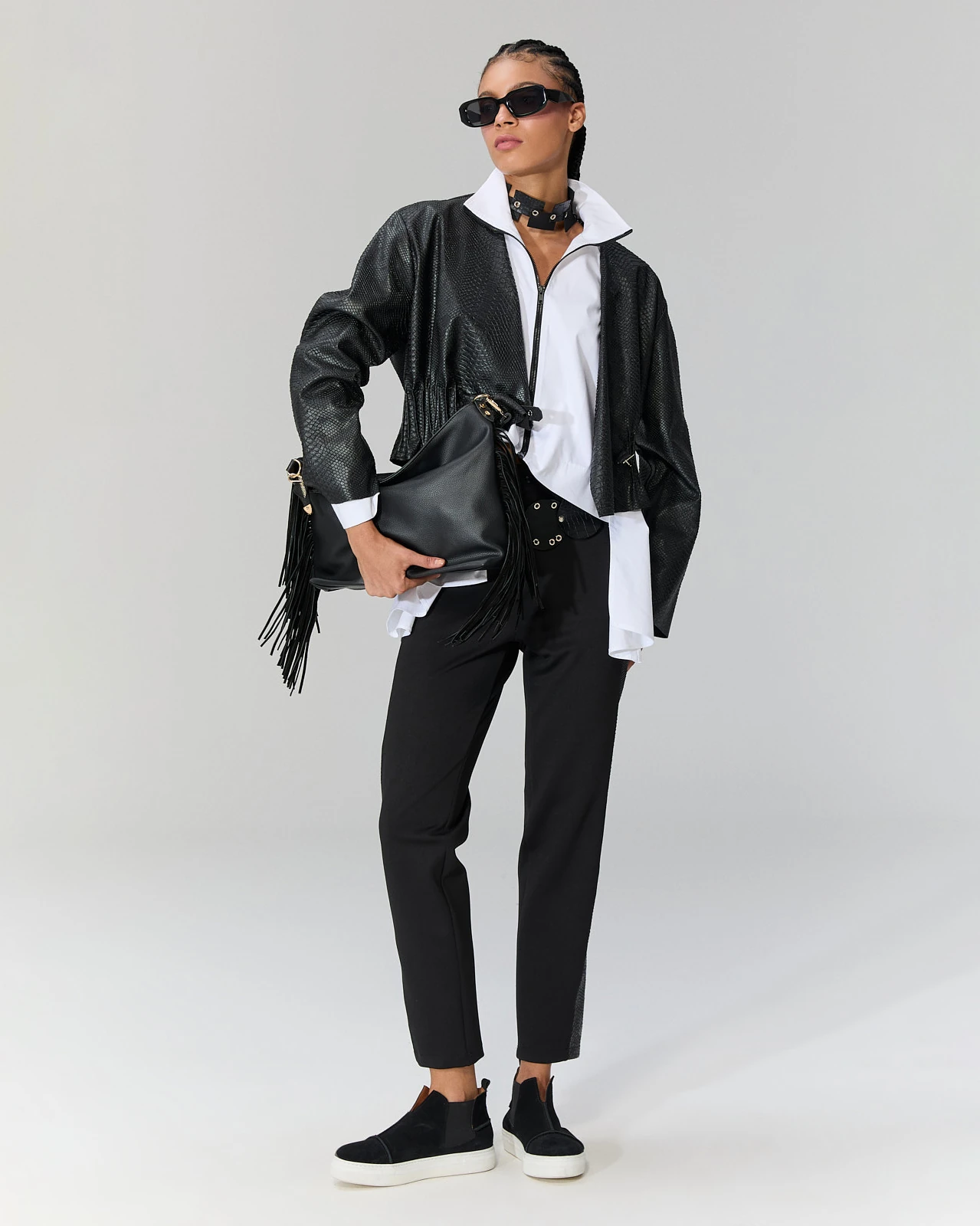 Fermuarlı Deri Ceket - Siyah