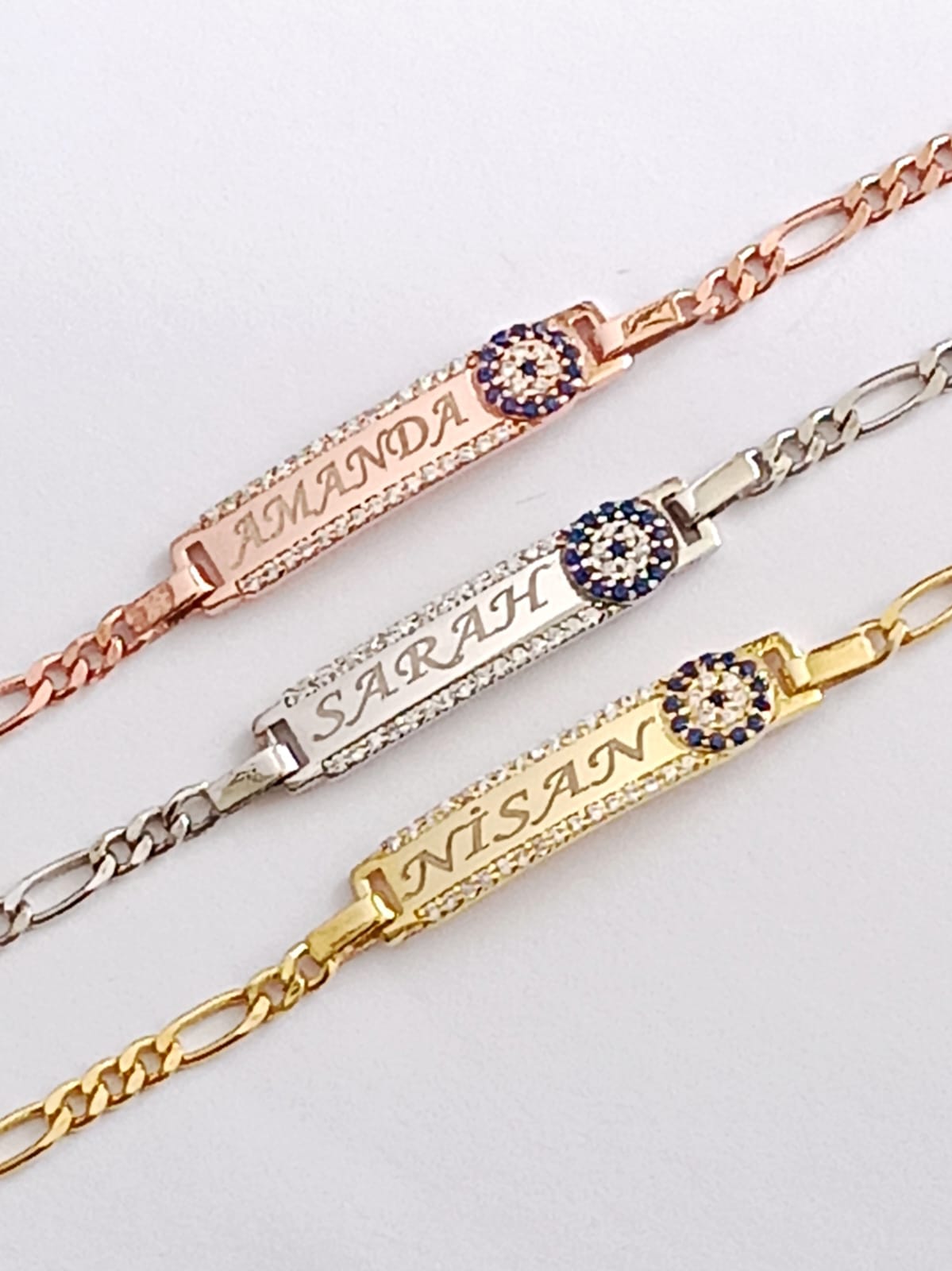 925 Ayar Gümüş  Zirkon Taşlı Nazar Boncuklu  Kişiye Özel  Figaro Zincir Çocuk Bileklik