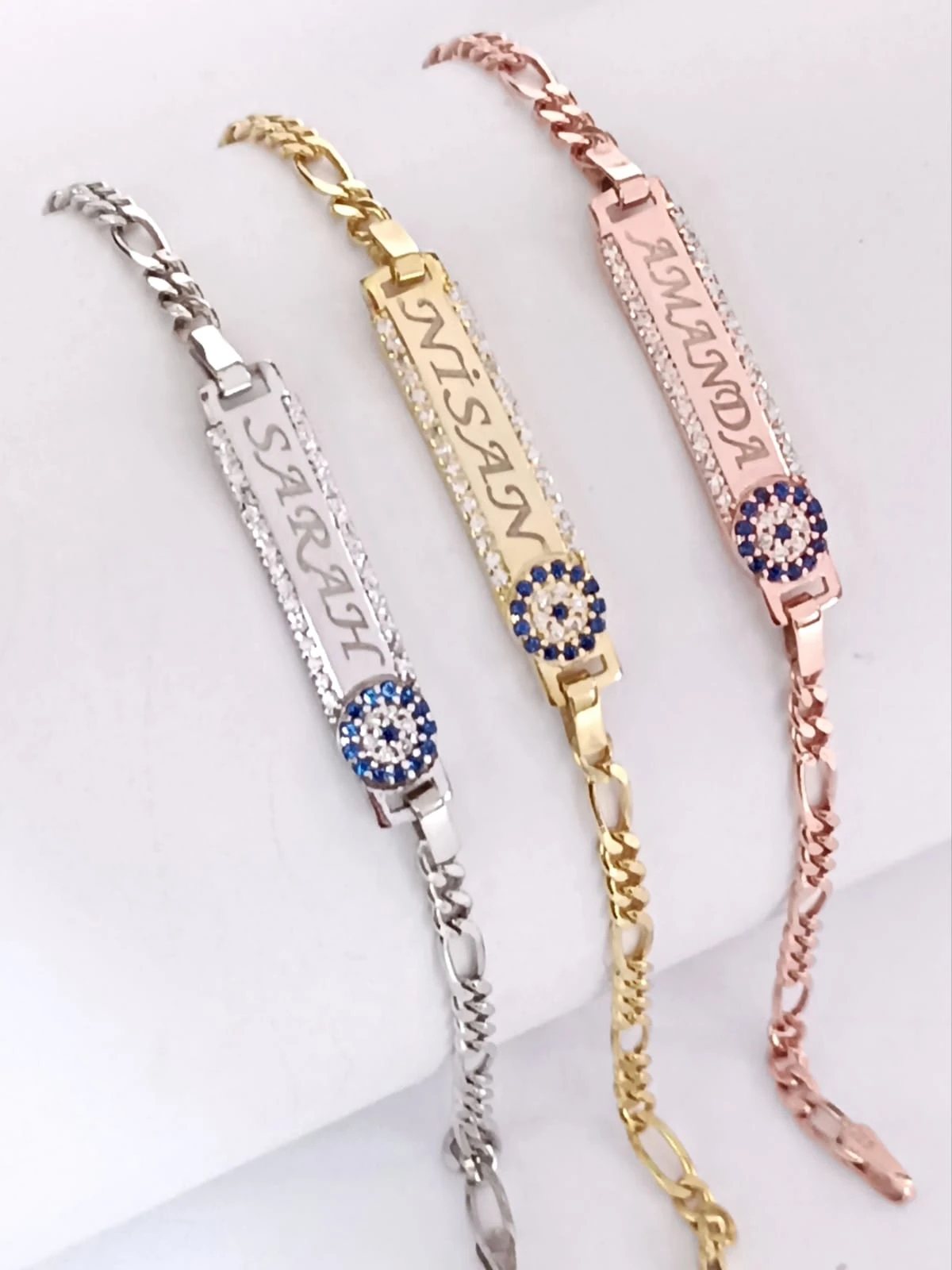 925 Ayar Gümüş  Zirkon Taşlı Nazar Boncuklu  Kişiye Özel  Figaro Zincir Çocuk Bileklik