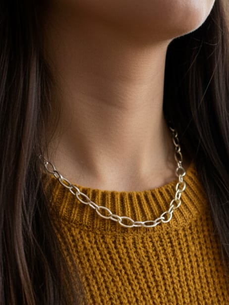 925 Ayar Gümüş Oval Halkalı Katmanlı Kalın Zincir Kolye