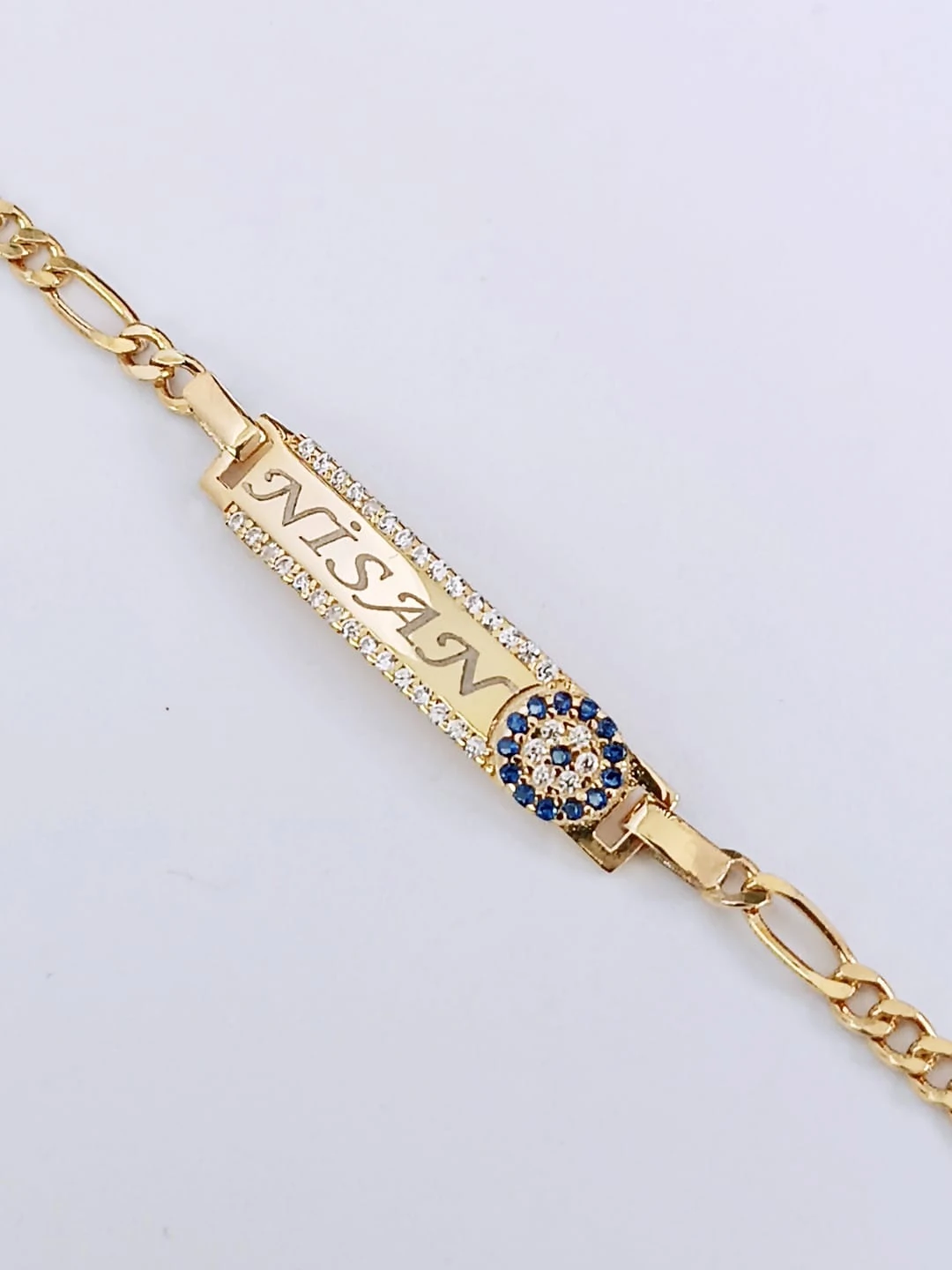 925 Ayar Gümüş  Zirkon Taşlı Nazar Boncuklu  Kişiye Özel  Figaro Zincir Çocuk Bileklik