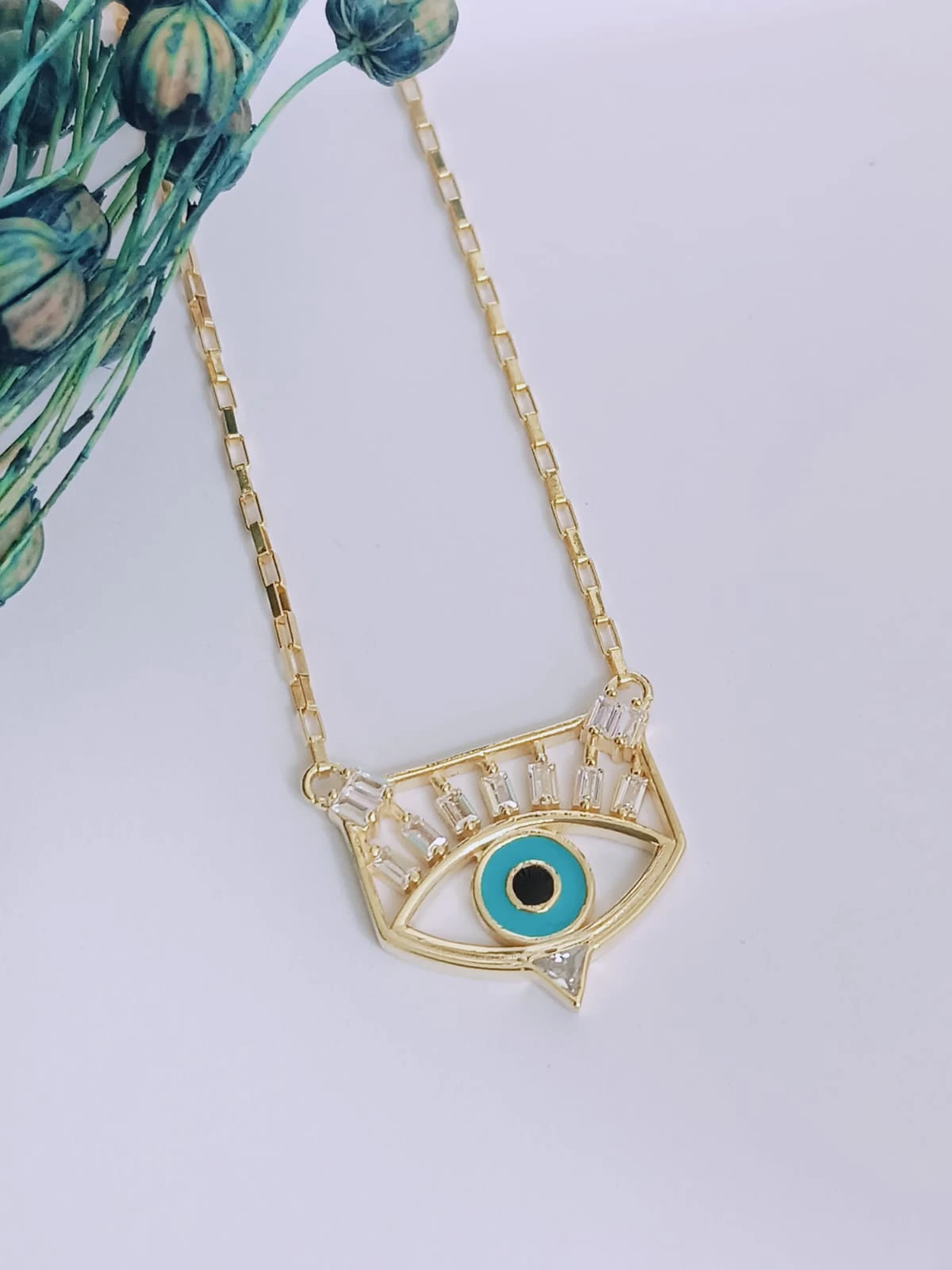 925 Ayar Gümüş  Baget Taşlı Mineli Nazar Kadın Kolye 