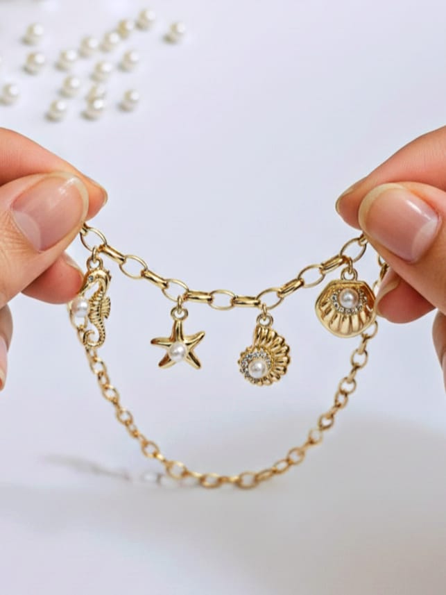 925 Gümüş,Altın Kaplama,Doğal İnci Taşlı  Okyanus Charm Kolye 