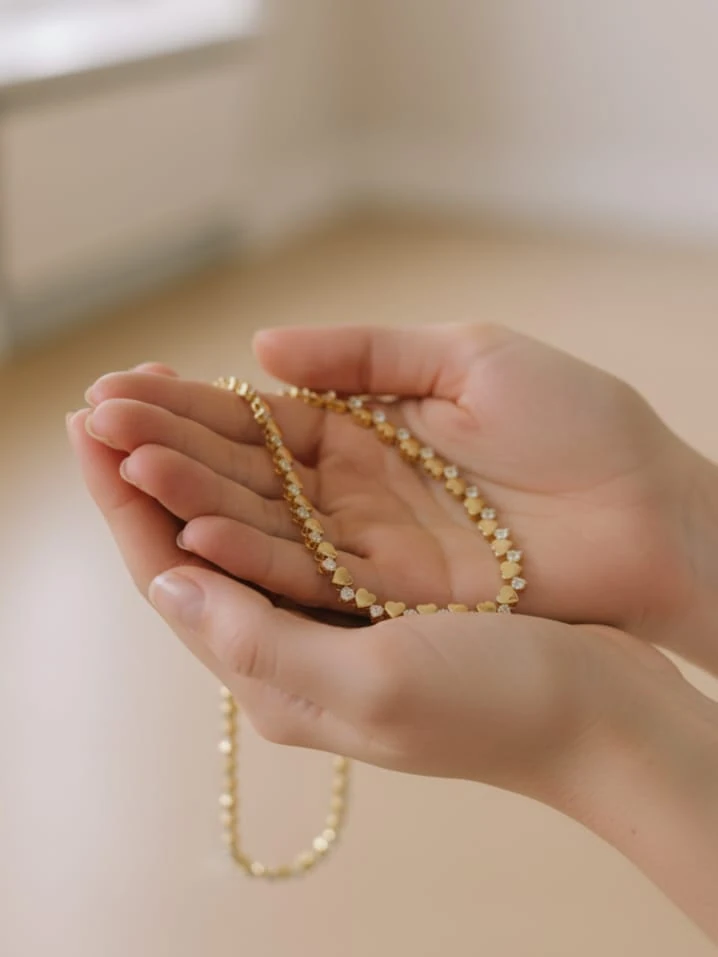 925 Ayar Gümüş Altın Kaplama Zirkon Taşlı Kalp Detaylı  Tasarım Gerdanlık