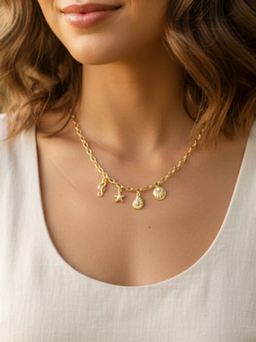 925 Ayar Gümüş  İnci Doğal Taşlı Ocean Charm Kolye