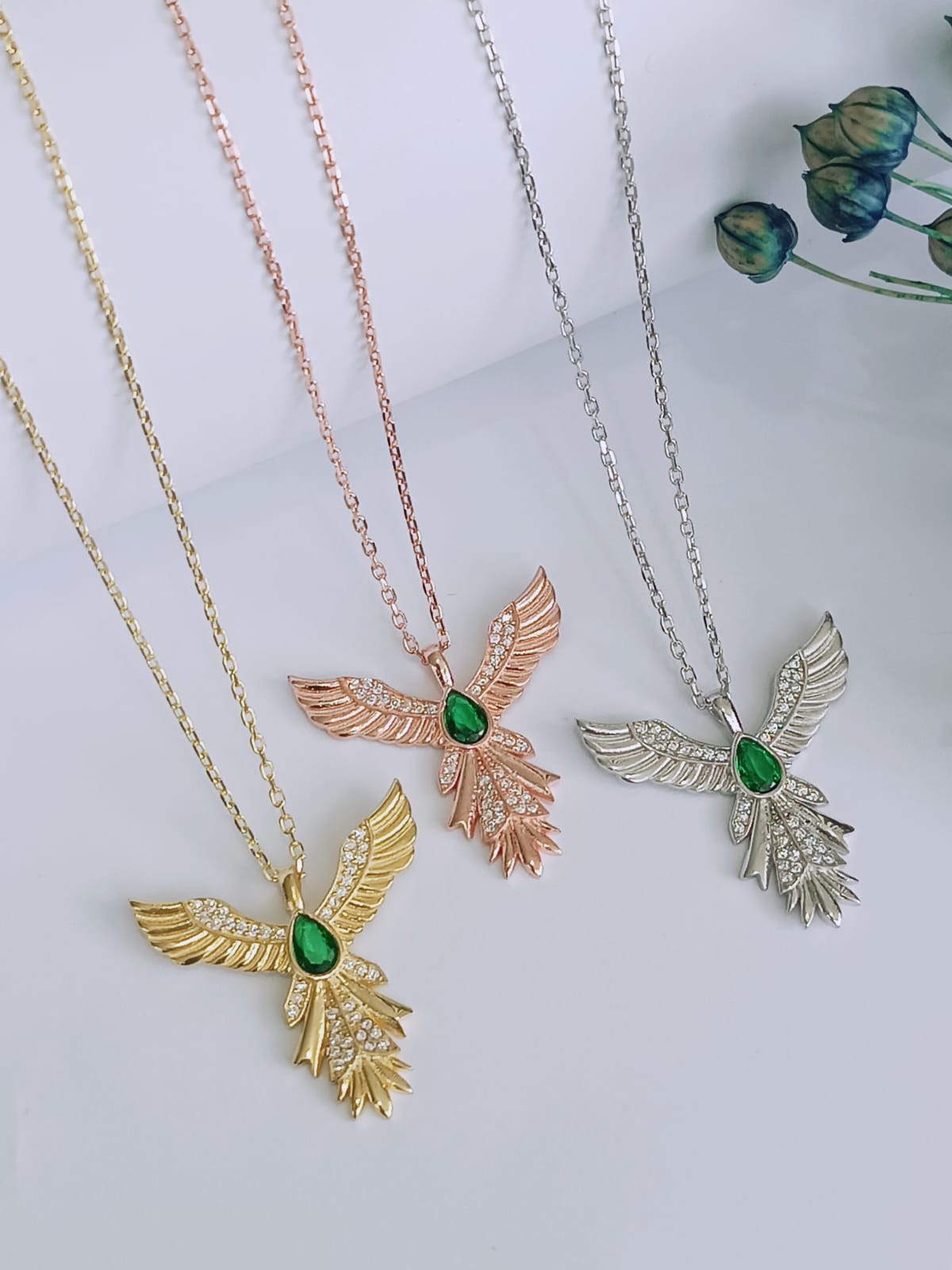 925 Ayar Gümüş Zirkon Yeşil Taşlı Phoenix  Anka Kuşu Kolye