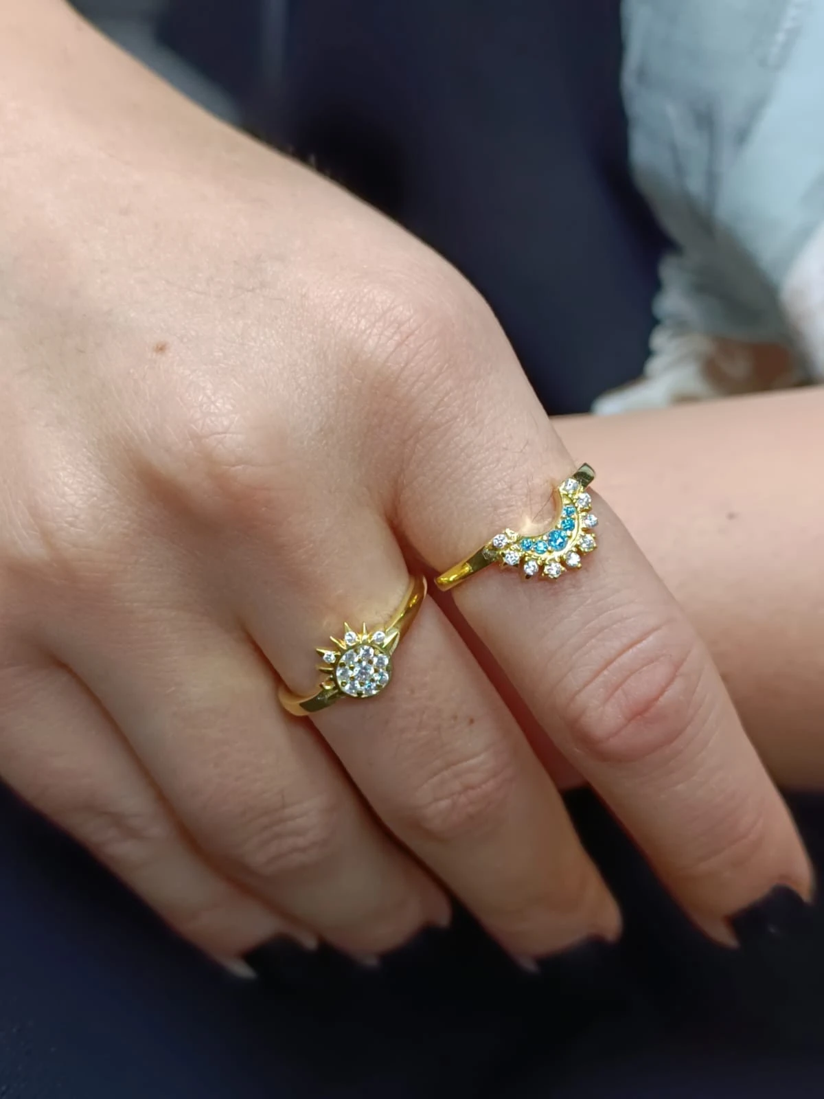 925 Ayar Gümüş Zirkon Taşlı Altın Kaplama 2 Li Ay Ve Güneş Yüzük