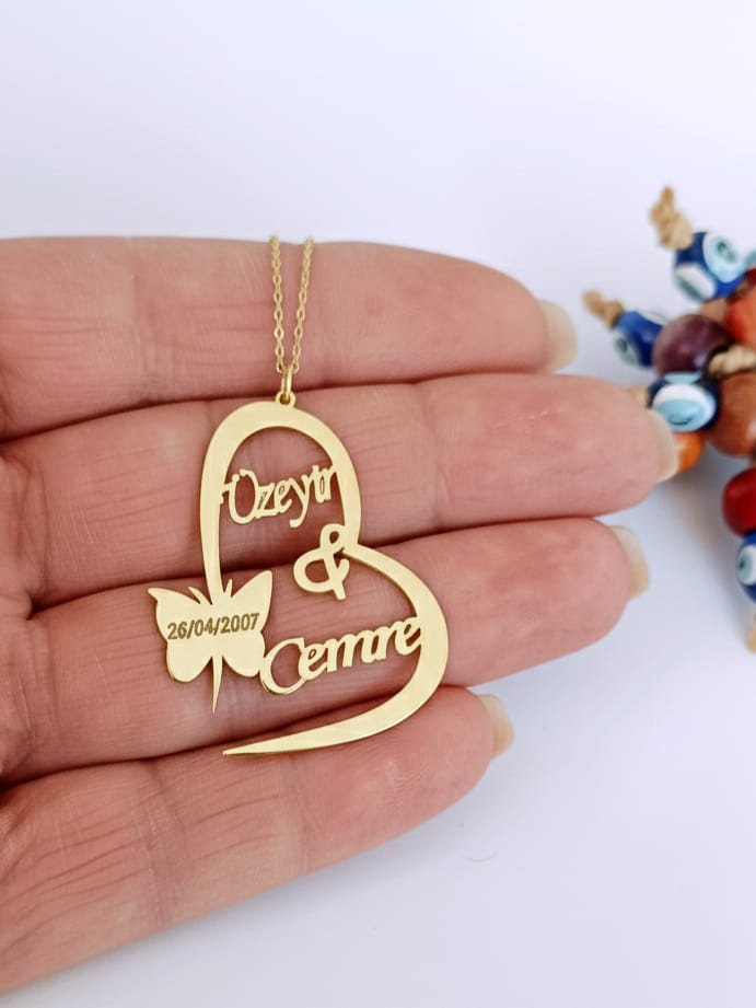 925 Ayar Gümüş Kişiye Özel 2 İsimli Kalp Kolye