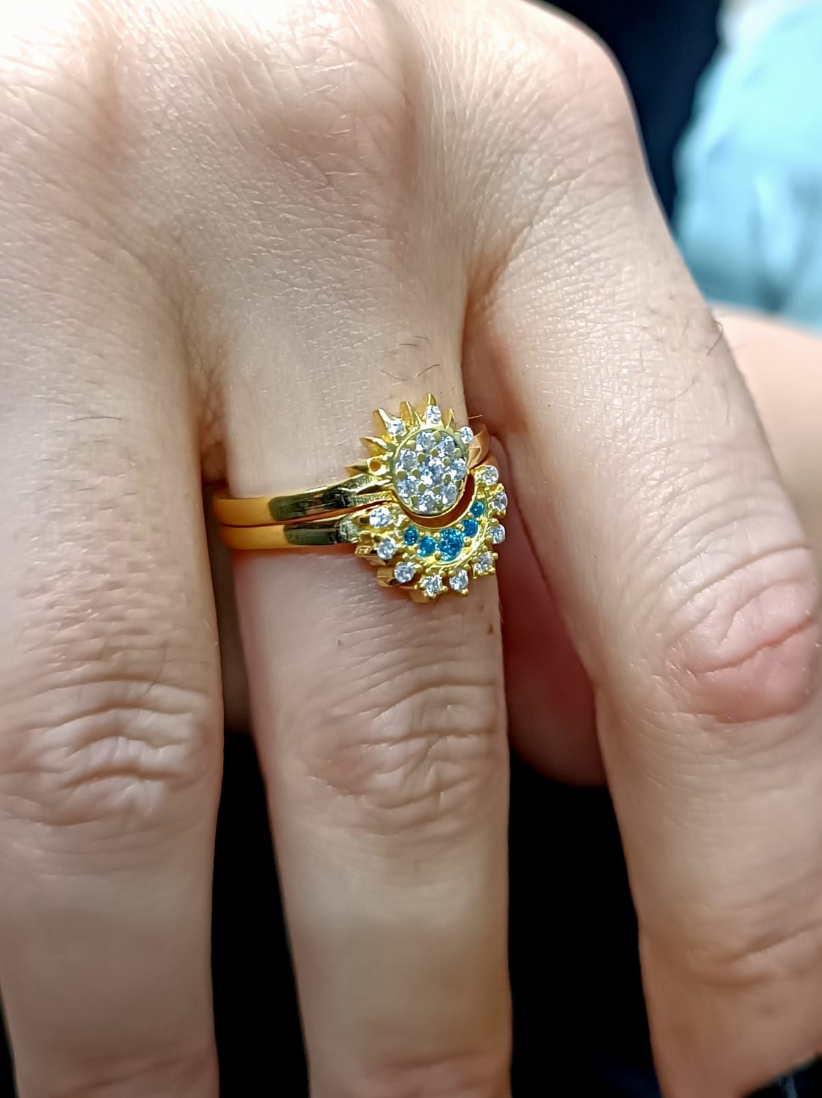 925 Ayar Gümüş Zirkon Taşlı Altın Kaplama 2 Li Ay Ve Güneş Yüzük