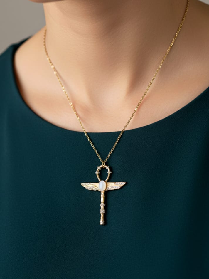 925 Ayar Gümüş Ay Taşlı Ankh Anahtar Kolye , Hayatın Anahtarı Kolye 