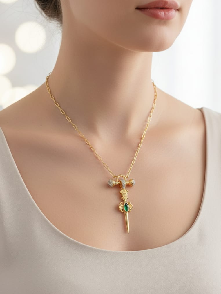 925 Ayar Gümüş Yeşil Taşlı  Mistik Koruyucu Kılıç Kolye