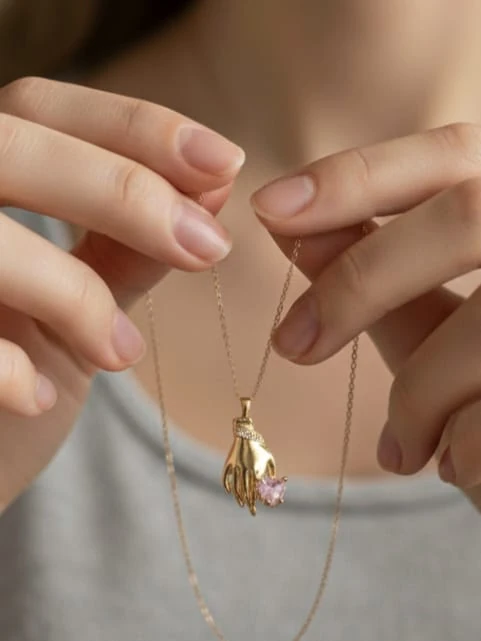 925k Gümüş Pembe Kalp Taşlı  Kadın El Kolye