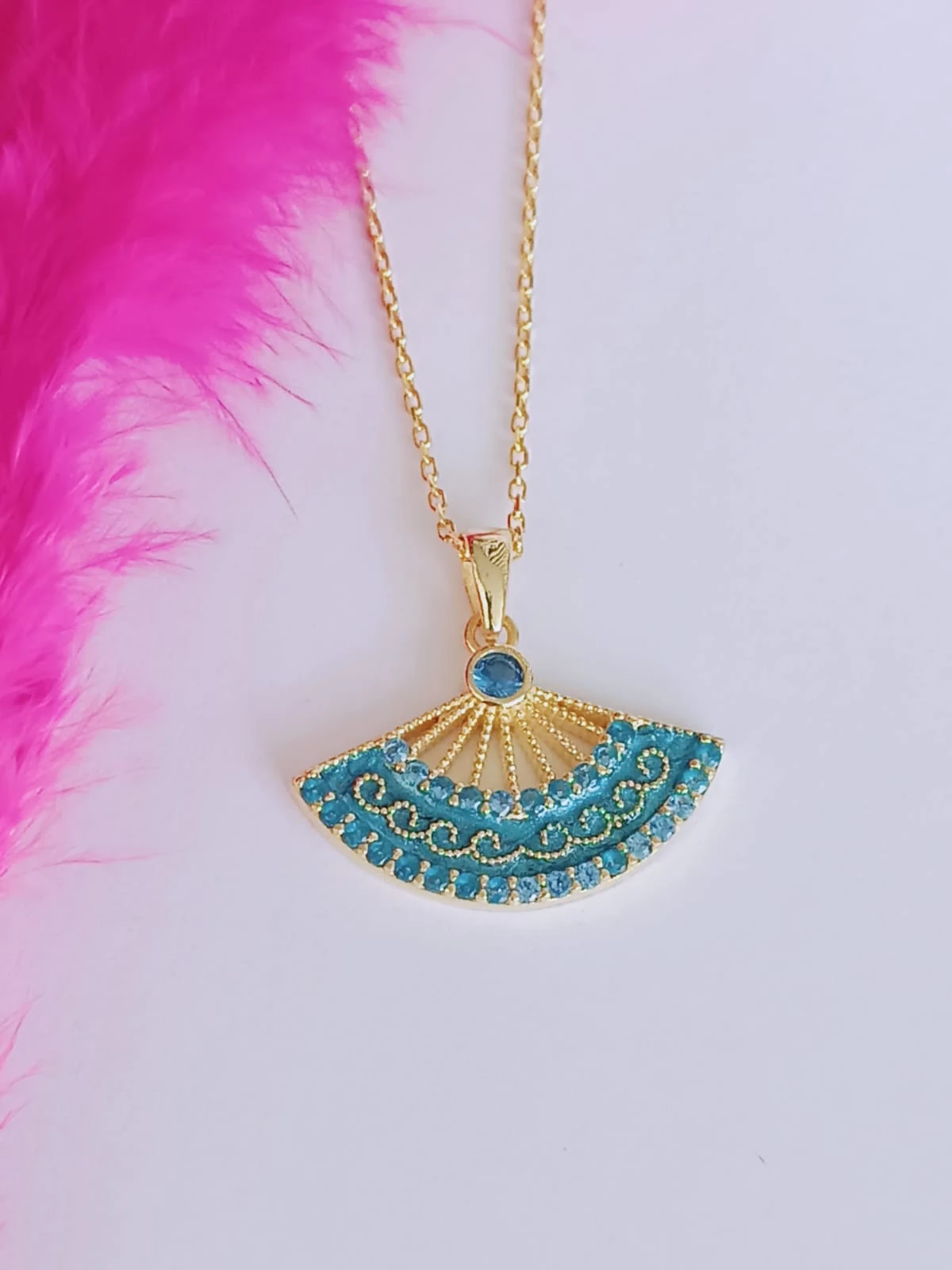 925 Ayar Gümüş Mavi Mineli Yelpaze Kolye