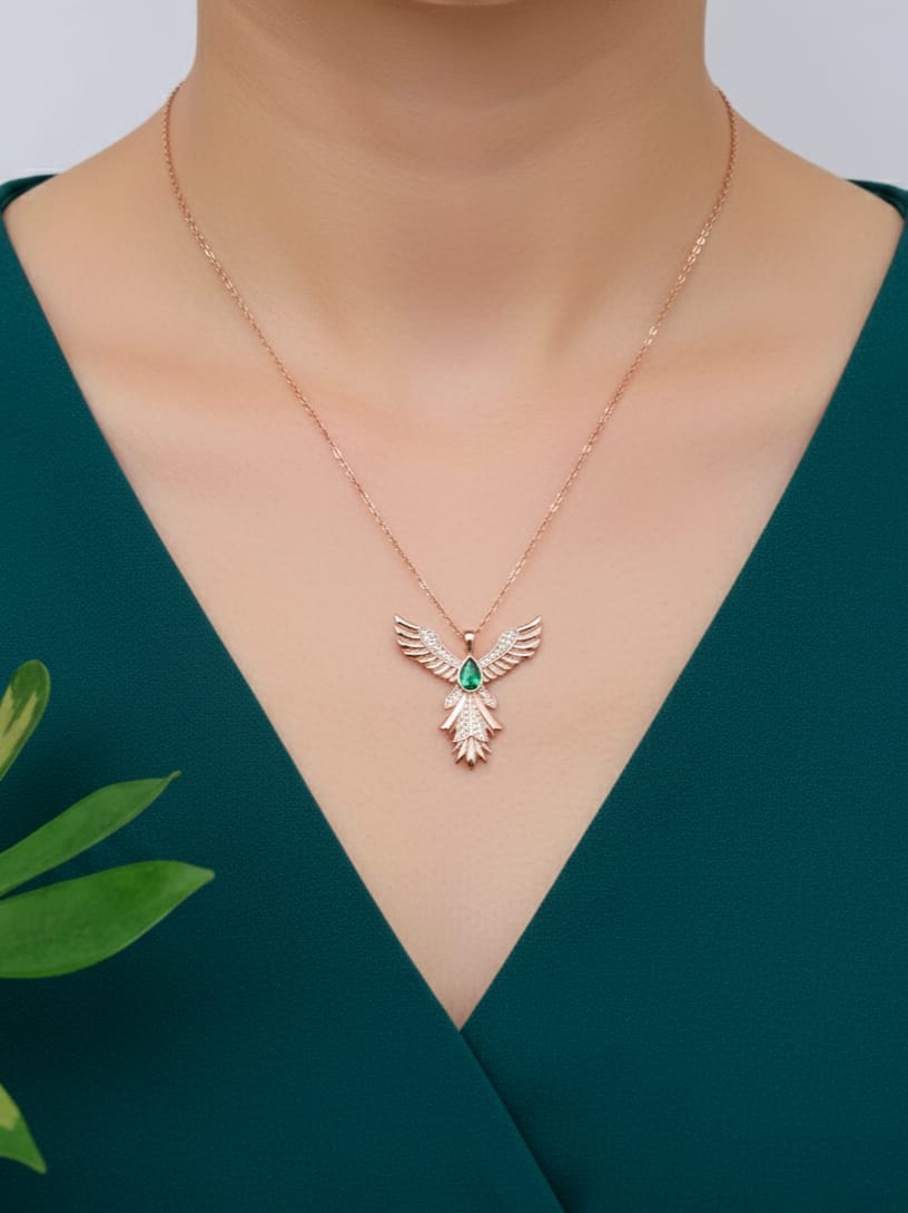 925 Ayar Gümüş Zirkon Yeşil Taşlı Phoenix  Anka Kuşu Kolye