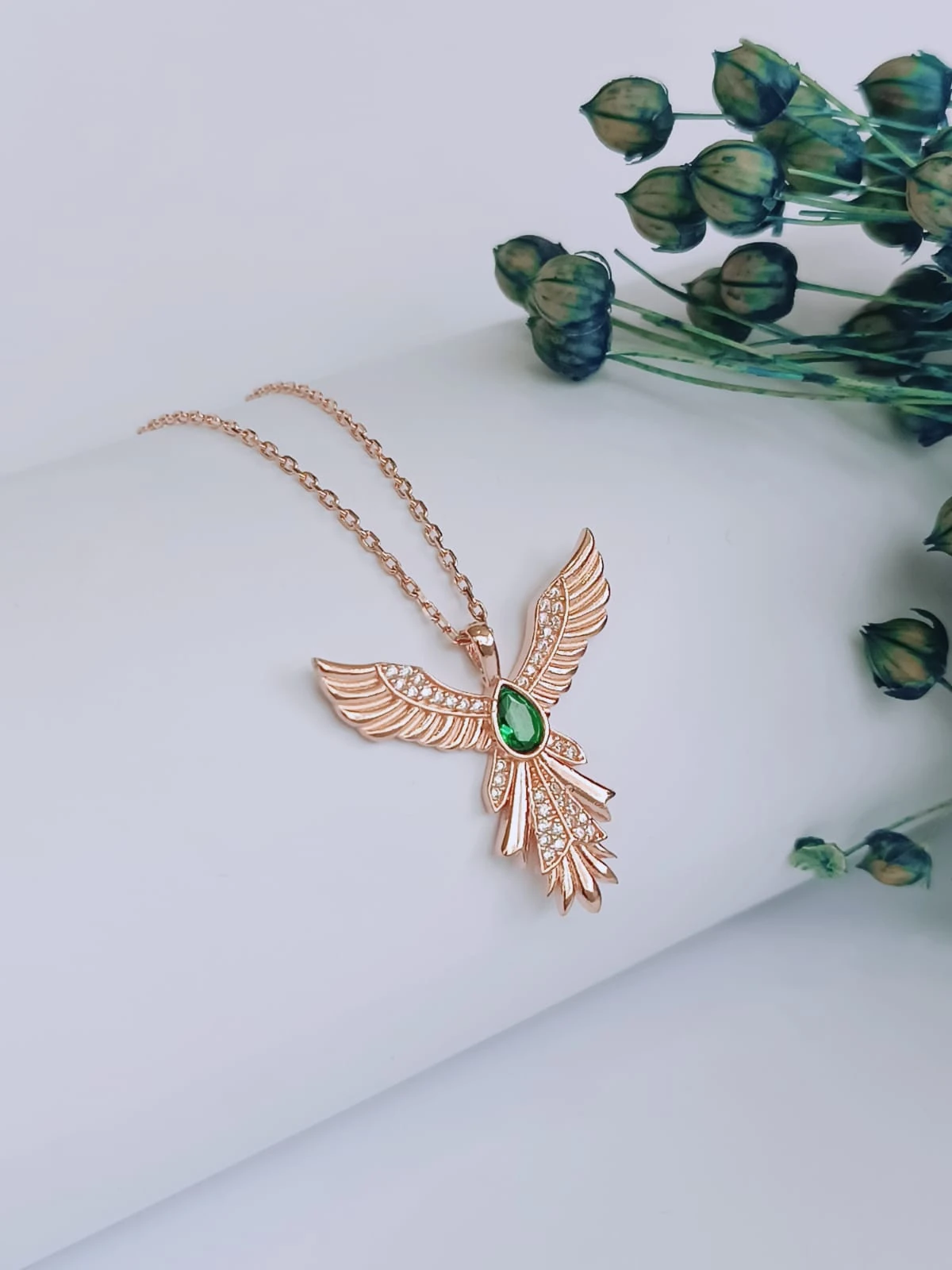 925 Ayar Gümüş Zirkon Yeşil Taşlı Phoenix  Anka Kuşu Kolye