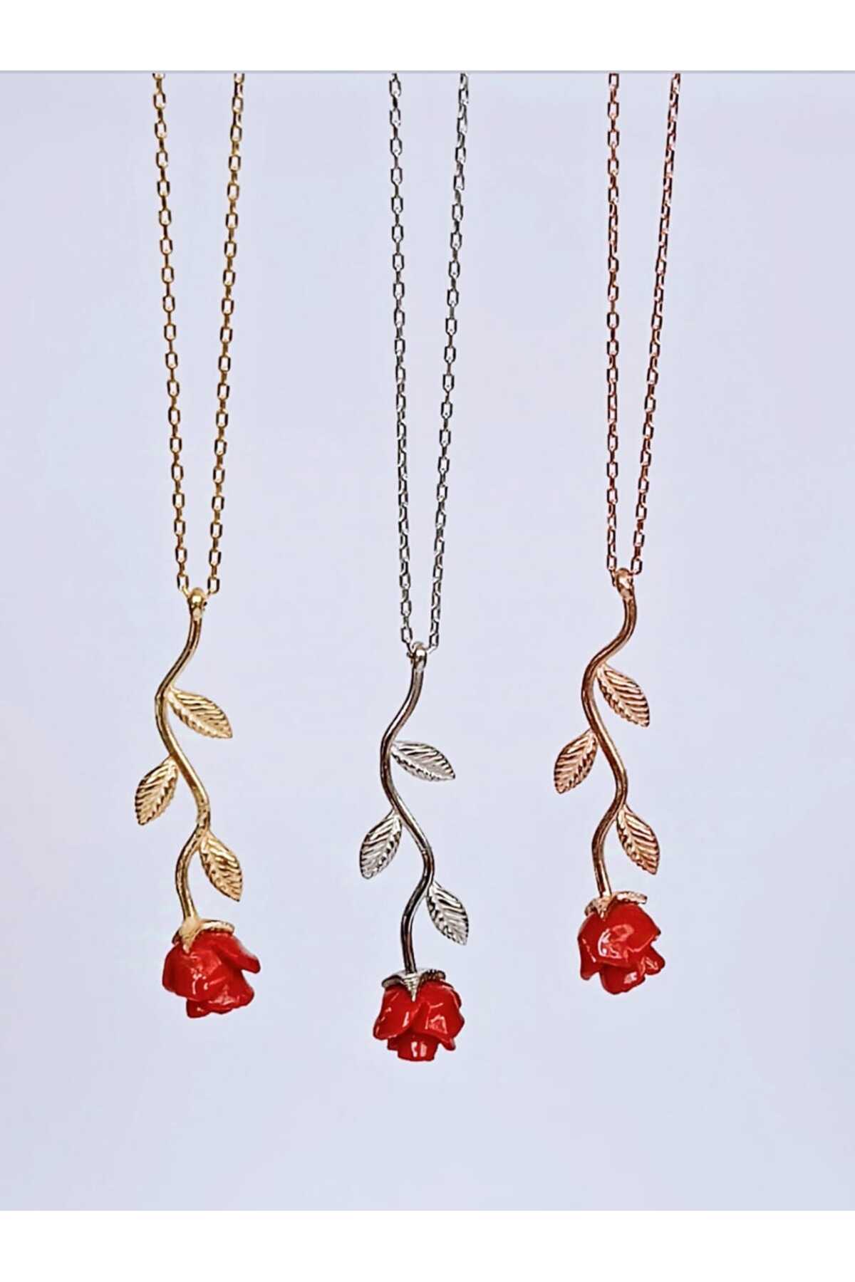 925 Ayar Gümüş , Rosegold Kaplama Gül Kolye