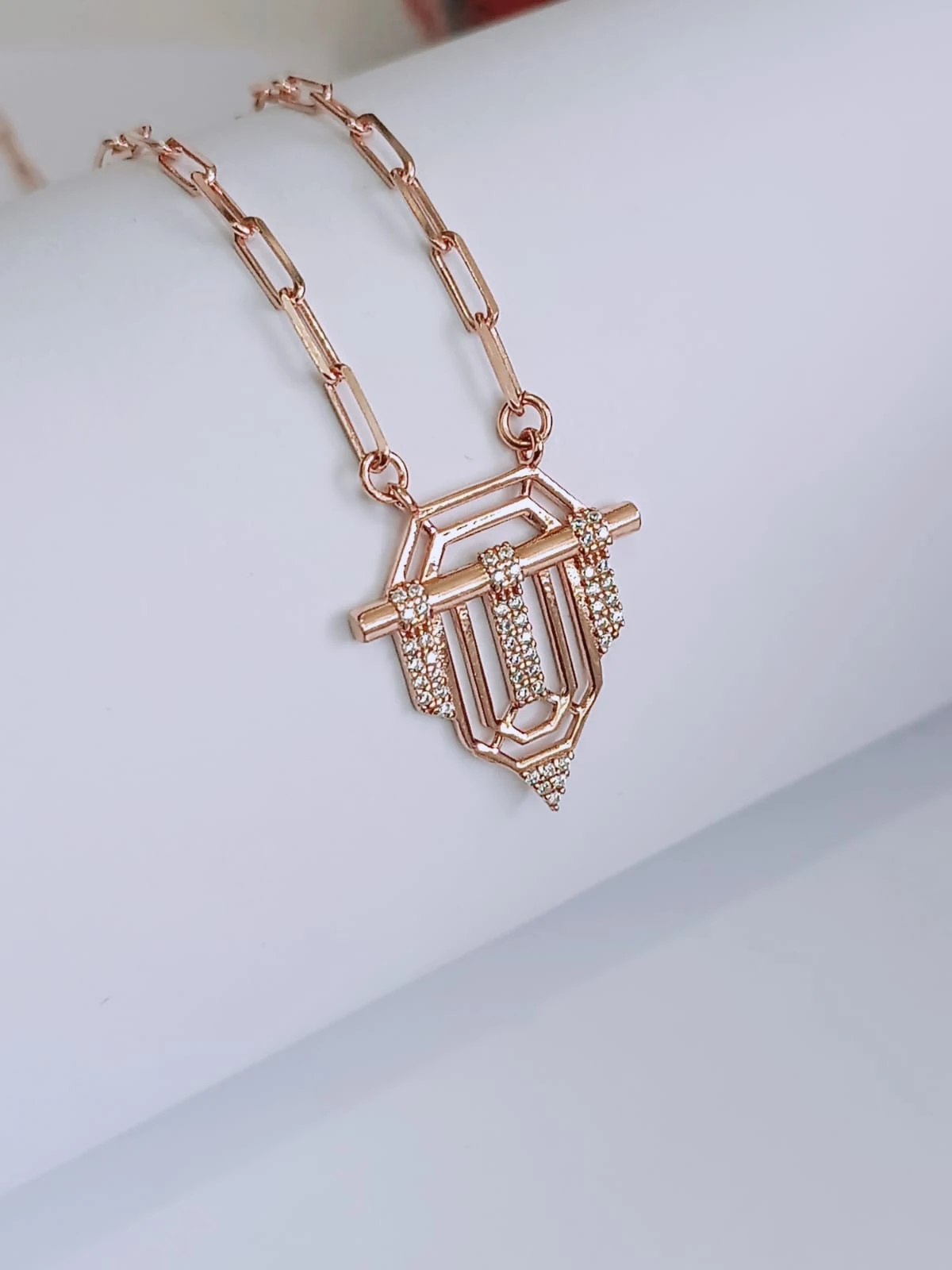 925 Ayar Gümüş Ataç Zincirli Serenay Art Deco Tasarım Etnik Kolye 