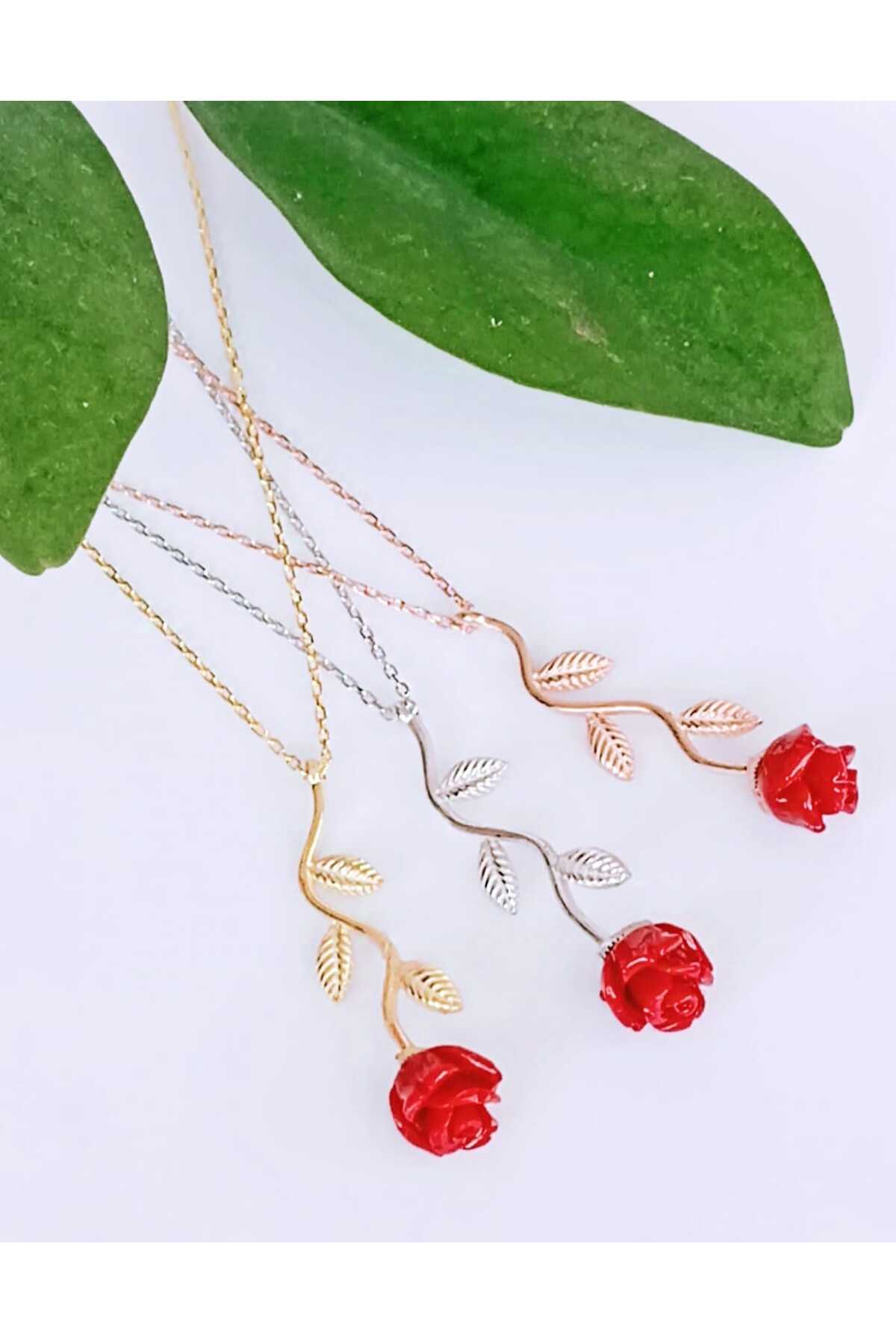 925 Ayar Gümüş , Rosegold Kaplama Gül Kolye