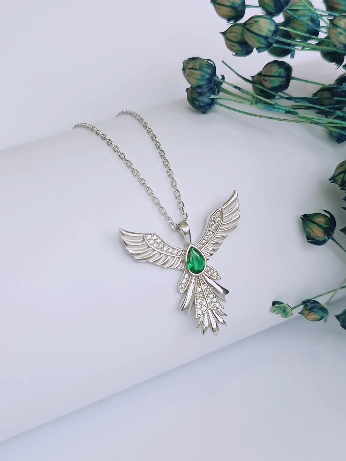 925 Ayar Gümüş Zirkon Yeşil Taşlı Phoenix  Anka Kuşu Kolye