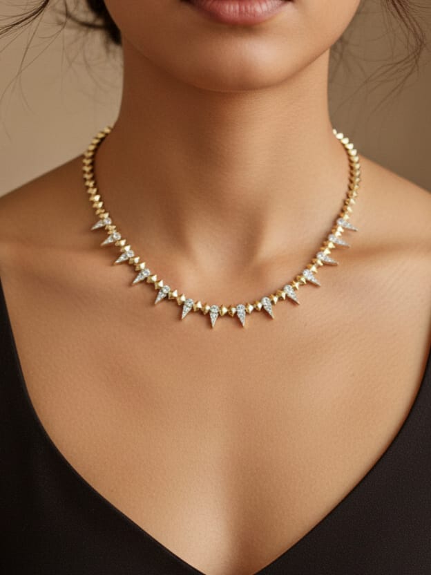 925 Ayar Gümüş Altın Kaplama Zirkon Taşlı Tasarım Gerdanlık