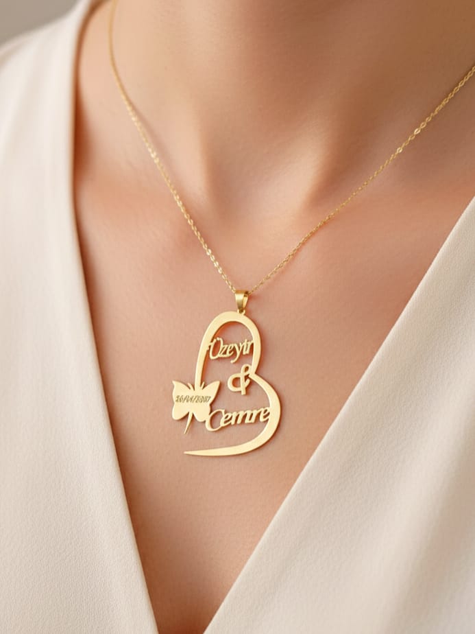 925 Ayar Gümüş Kişiye Özel 2 İsimli Kalp Kolye