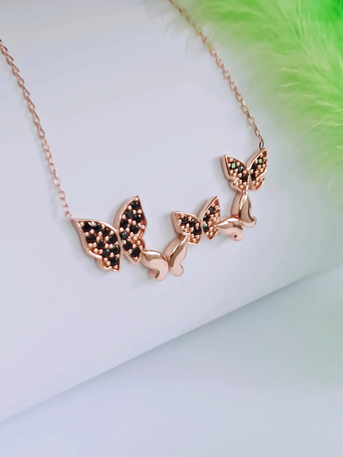 925 Ayar Gümüş Siyah Zirkon Taşlı Kelebekler Kolye