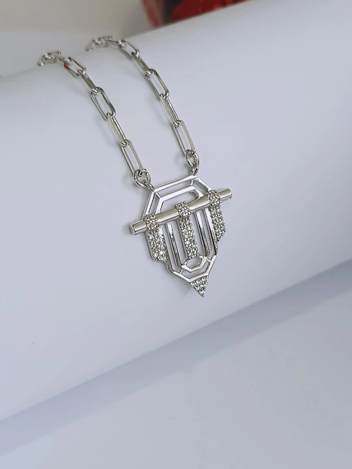 925 Ayar Gümüş Ataç Zincirli Serenay Art Deco Tasarım Etnik Kolye 