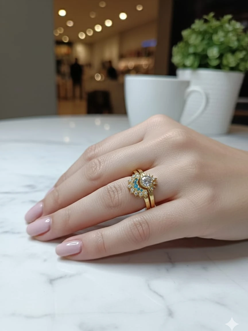 925 Ayar Gümüş Zirkon Taşlı Altın Kaplama 2 Li Ay Ve Güneş Yüzük