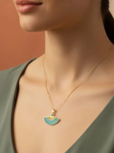 925 Ayar Gümüş Mavi Mineli Yelpaze Kolye