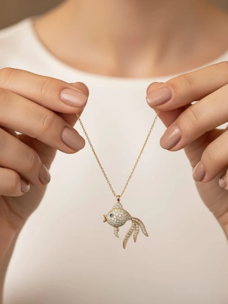 925 Ayar Gümül Beyaz Zirkon Taşlı Balık Kolye