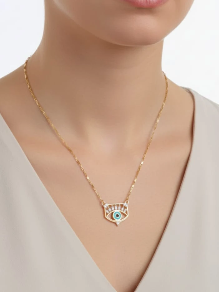 925 Ayar Gümüş  Baget Taşlı Mineli Nazar Kadın Kolye 